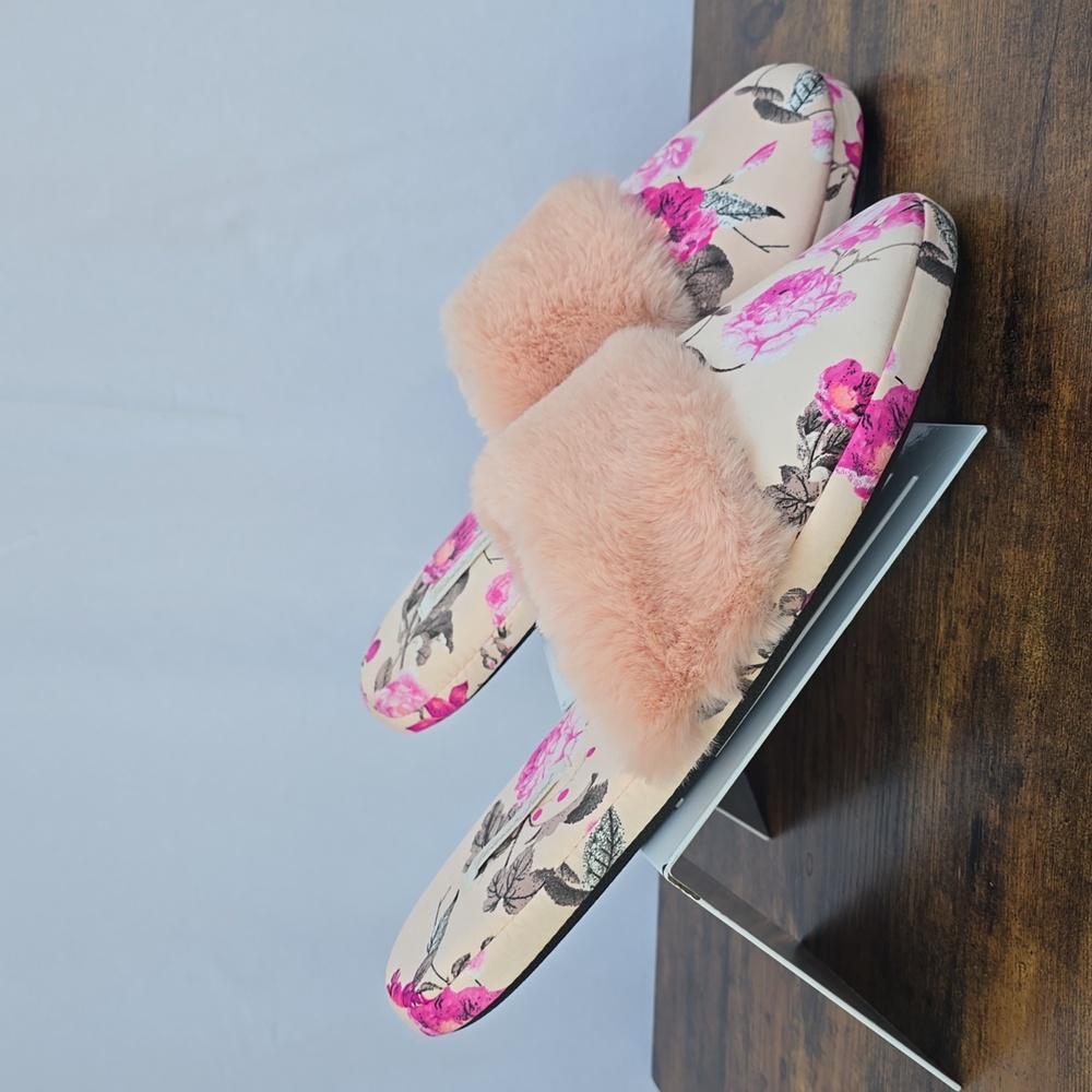 Womens Victoria's Secret Signature Satin Pink Floral Fuzzy Slippers Size Large